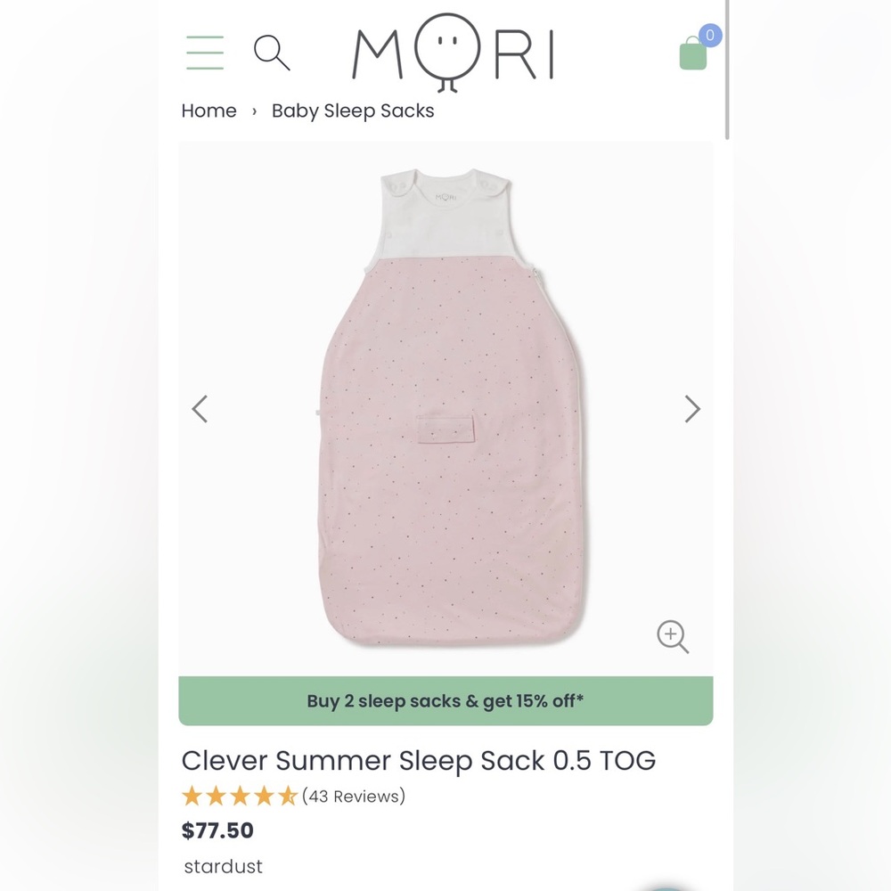 Bundle (2) MORI Clever 0.5 TOG Sleep Sack 0-2Y Blush Stripe & Stardust